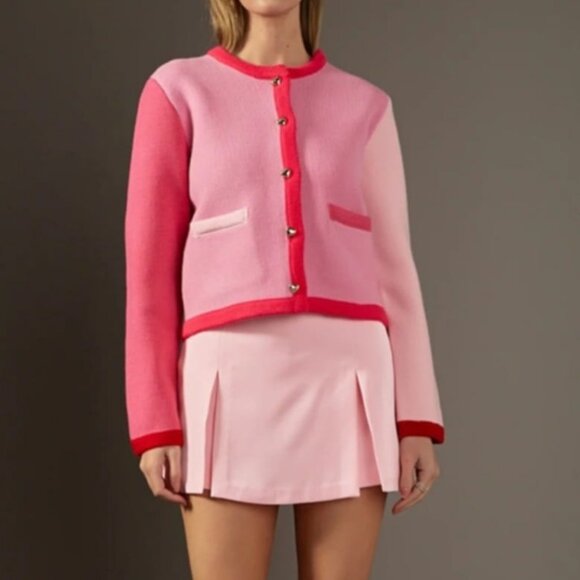 ENGLISH FACTORY PINK COLORBLOCK CARDIGAN SWEATER HEART BUTTONS LARGE - Picture 1 of 5